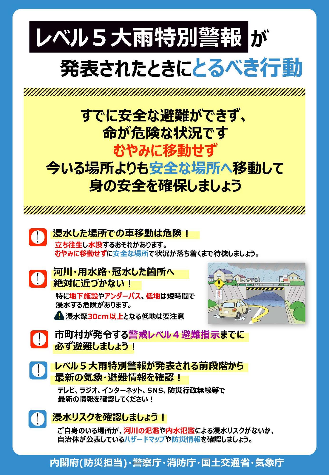 レベル5大雨警報が発表されたときにとるべき行動のチラシの画像