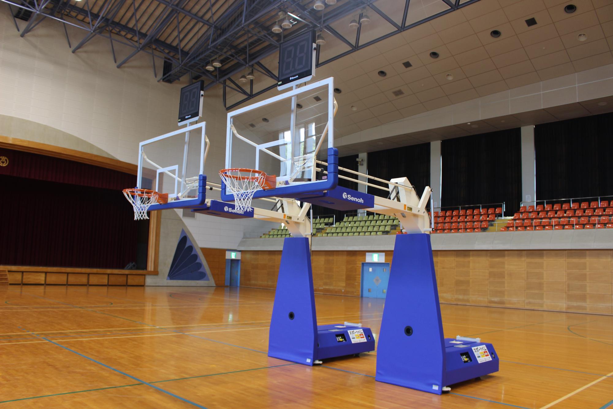 スポーツくじ助成金で購入したバスケットゴール1対の写真（左斜めから撮影）