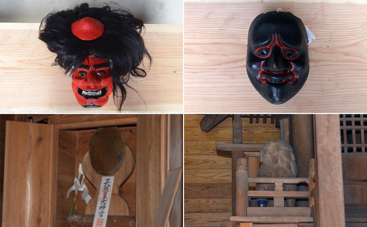 南方神社の宝物である鬼人面や翁面、素文鏡、狛犬の写真