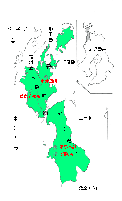 鹿児島県の長島町と阿久根市部分を拡大した地図のイラスト